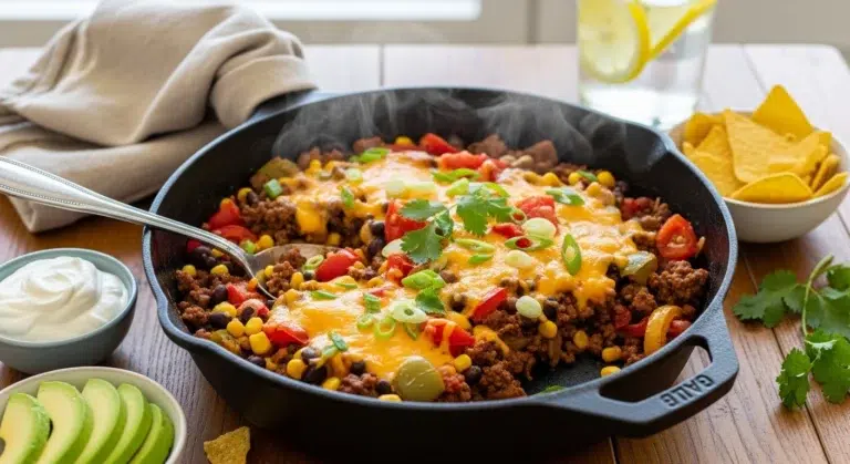 "One Pot Taco Skillet in a rustic cast iron pan with beef, veggies, melted cheese, and garnishes, surrounded by sour cream, avocado, and tortilla chips on a wooden table."