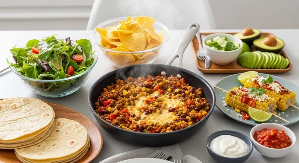 One Pot Taco Skillet served with fresh green salad, tortilla chips, Mexican street corn, warm tortillas, salsa, sour cream, and avocado slices on a wooden table