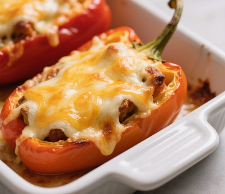 Stuffed bell peppers with melted mozzarella in baking dish