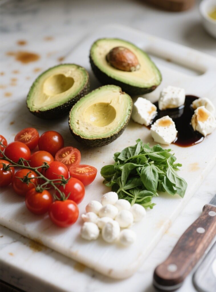 Caprese avocado ingredients on cutting board