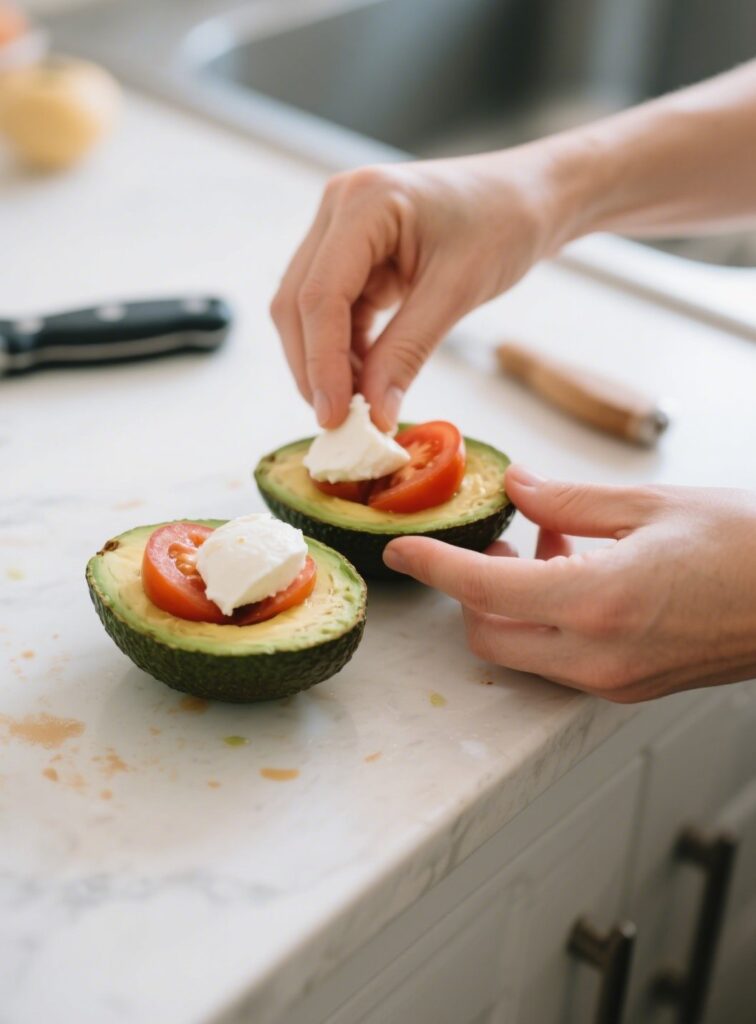 Assembling mozzarella into avocado halves
