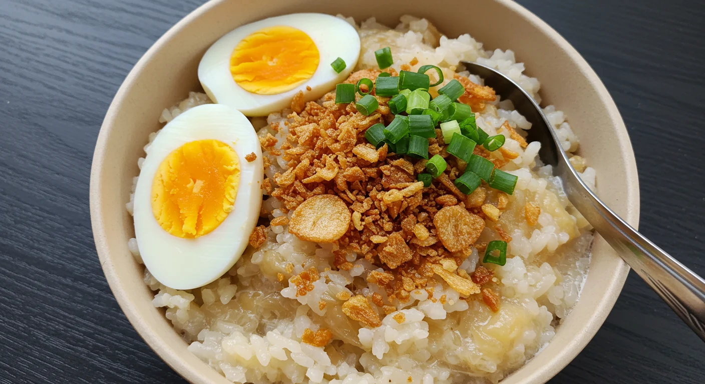 Arroz Caldo Filipino chicken rice soup with garlic and egg