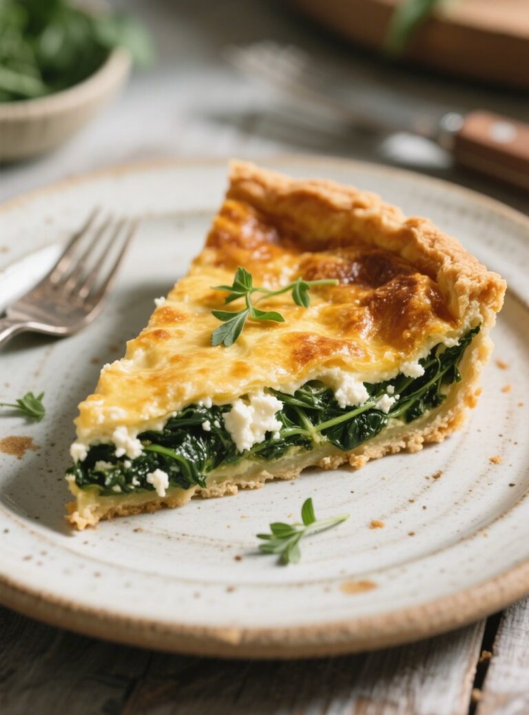 Gluten free spinach feta quiche slice on plate