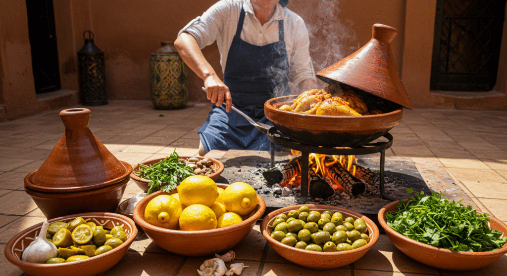 cooking chicken tagine over an open fire with preserved lemons and olives in a rustic village setting.