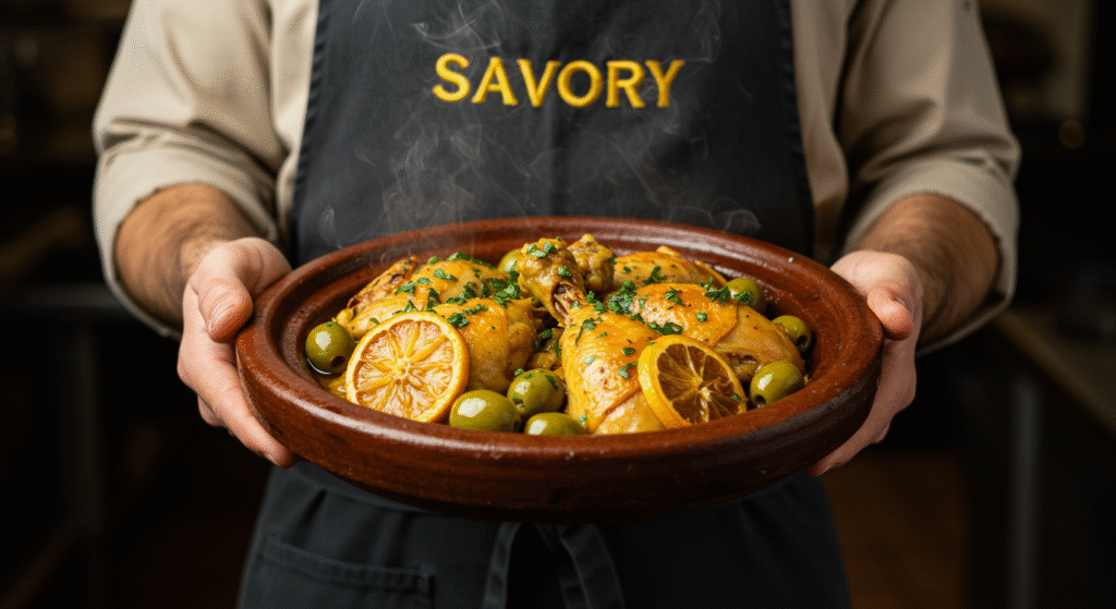 Authentic Moroccan Chicken Tagine Held by Chef Chef holding a traditional Moroccan chicken tagine with preserved lemons and olives, wearing an apron labeled “Savory” in yellow, face not visible.