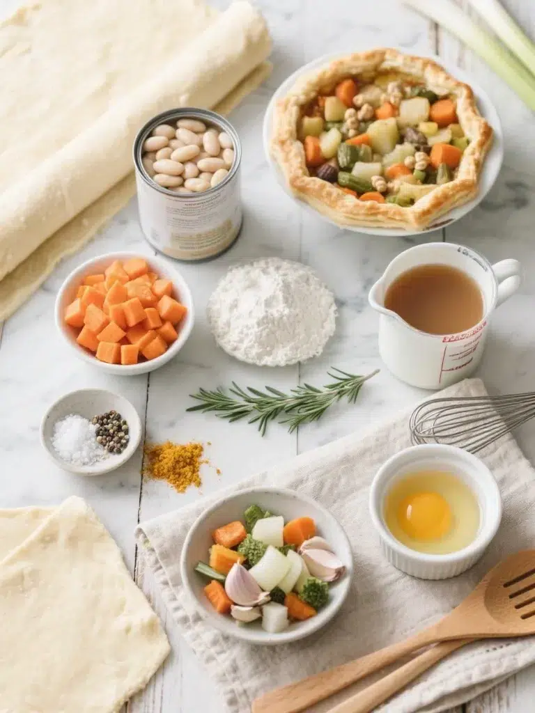 Ingredients for Puff Pastry Vegetable Pot Pie on kitchen counter