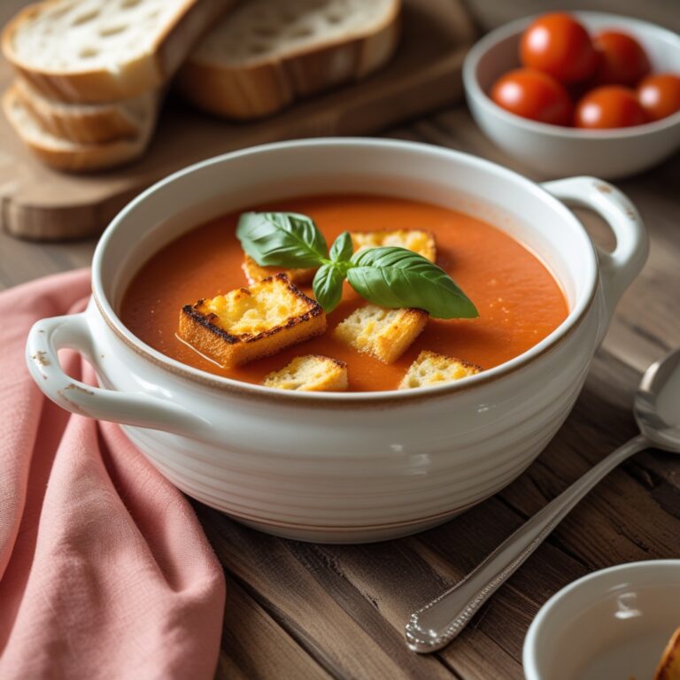 Easy homemade tomato soup with grilled cheese croutons, styled with Poppins font text for vegetarian lunch recipe