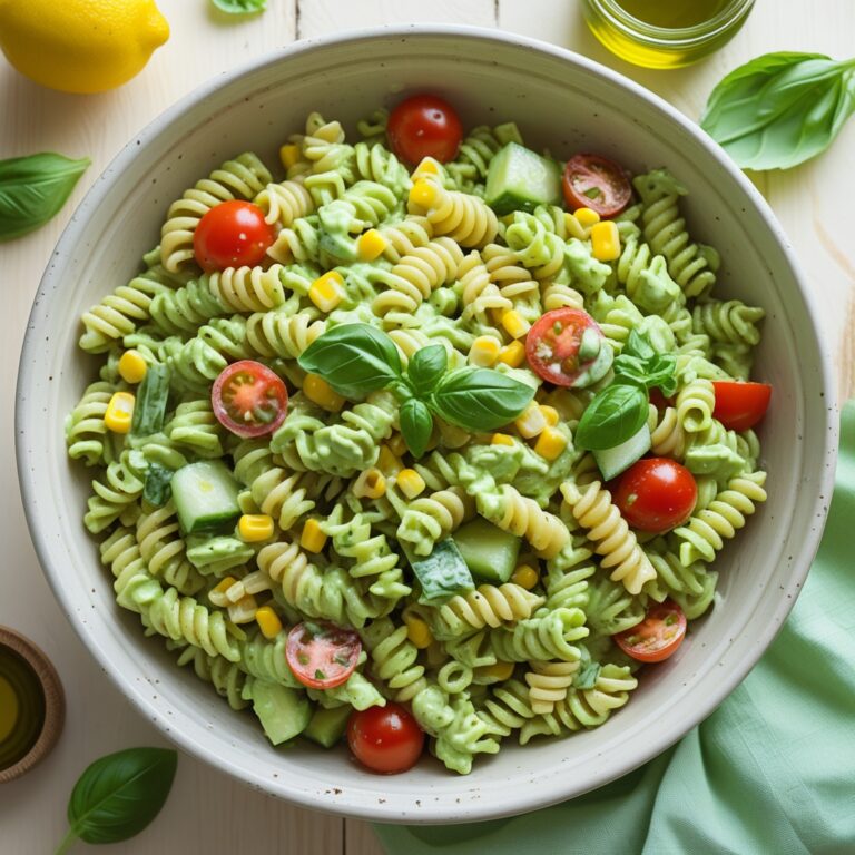 Creamy avocado pasta salad with rotini, cherry tomatoes, and cucumber, styled with Poppins font text for potluck recipe