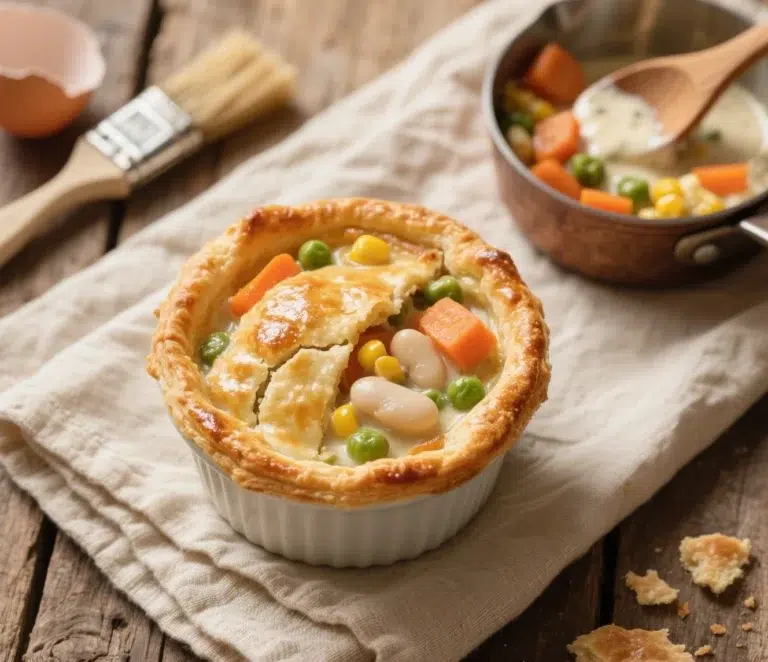 Puff Pastry Vegetable Pot Pie in skillet fresh from oven