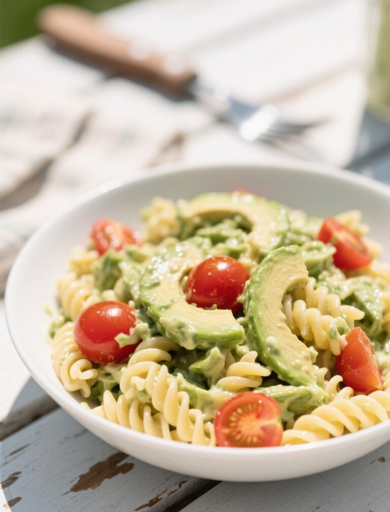 creamy avocado pasta salad in white bowl with basil and tomatoes