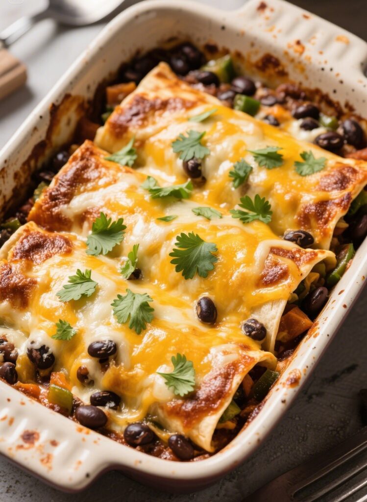 Baked veggie black bean enchiladas with cheese and cilantro