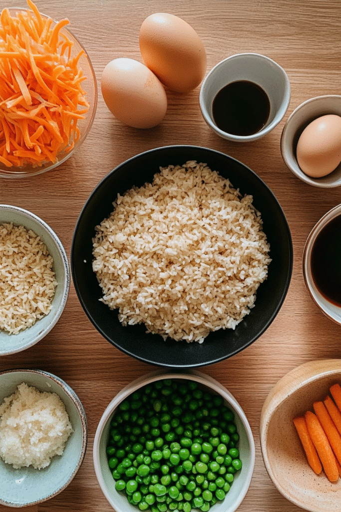 fried rice ingredients setup with bowls of veggies, rice, and sauces