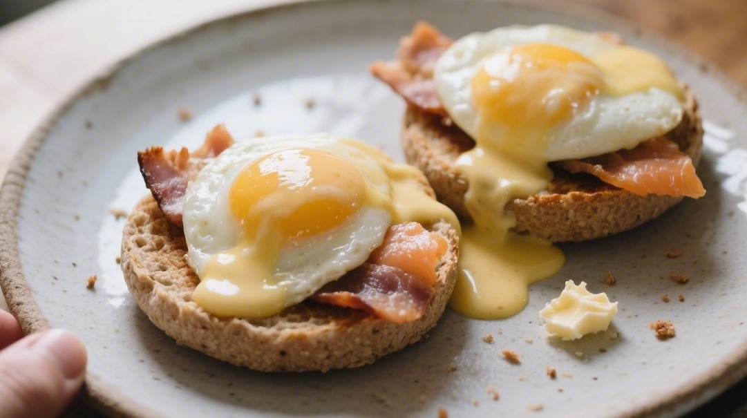 Eggs Benedict with blender hollandaise and smocked salmon served on whole grain muffins in a cozy kitchen
