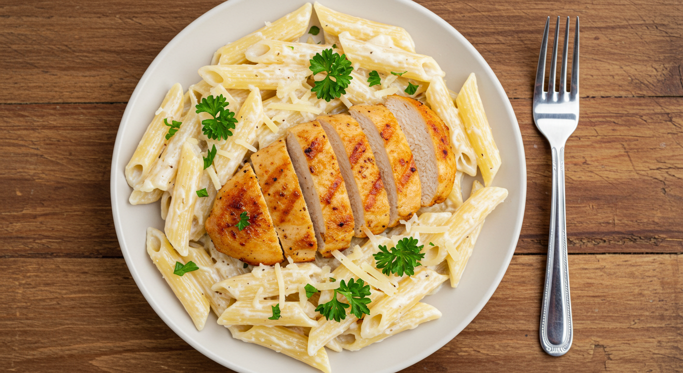 Top view of creamy garlic chicken pasta with grilled chicken slices, Parmesan, and parsley, served on a white plate over a rustic wooden table.