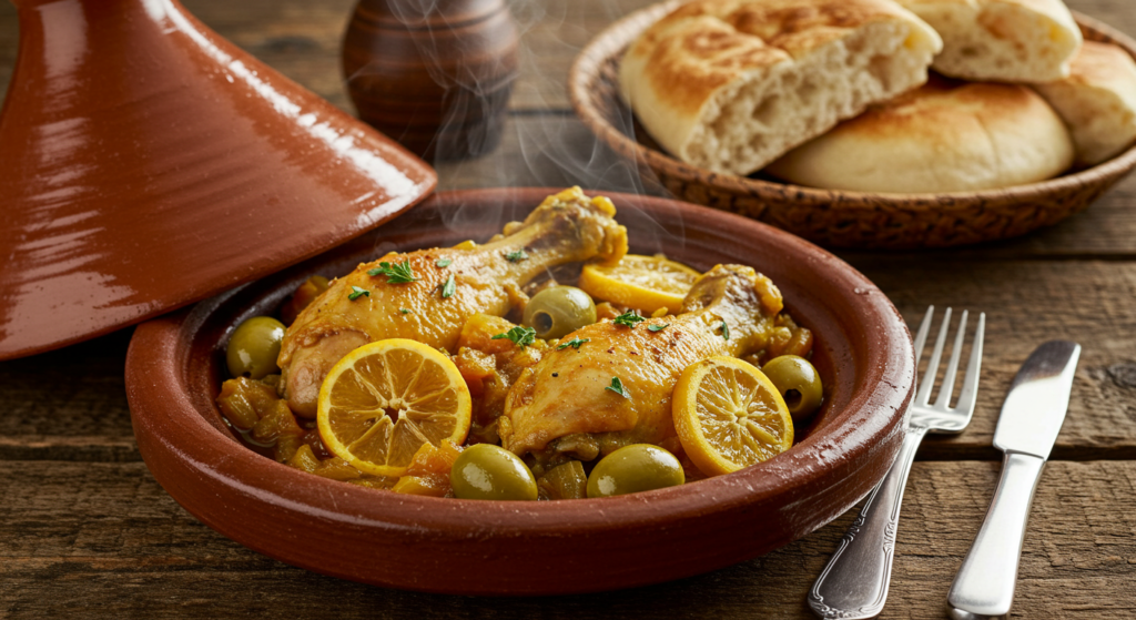 Moroccan Chicken Tagine with Preserved Lemons and Olives uthentic Moroccan chicken tagine with preserved lemons, green olives, and fresh herbs in a traditional clay dish.
