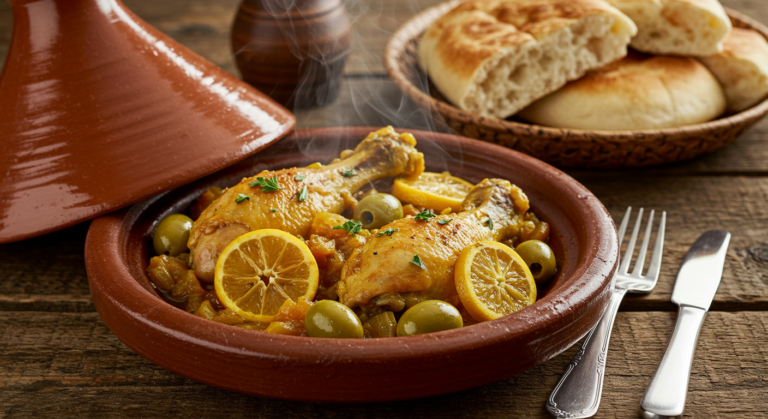 uthentic Moroccan chicken tagine with preserved lemons, green olives, and fresh herbs in a traditional clay dish.