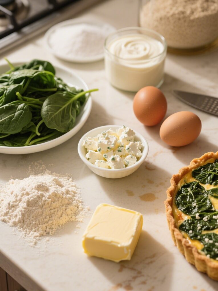 Ingredients for gluten free spinach feta quiche
