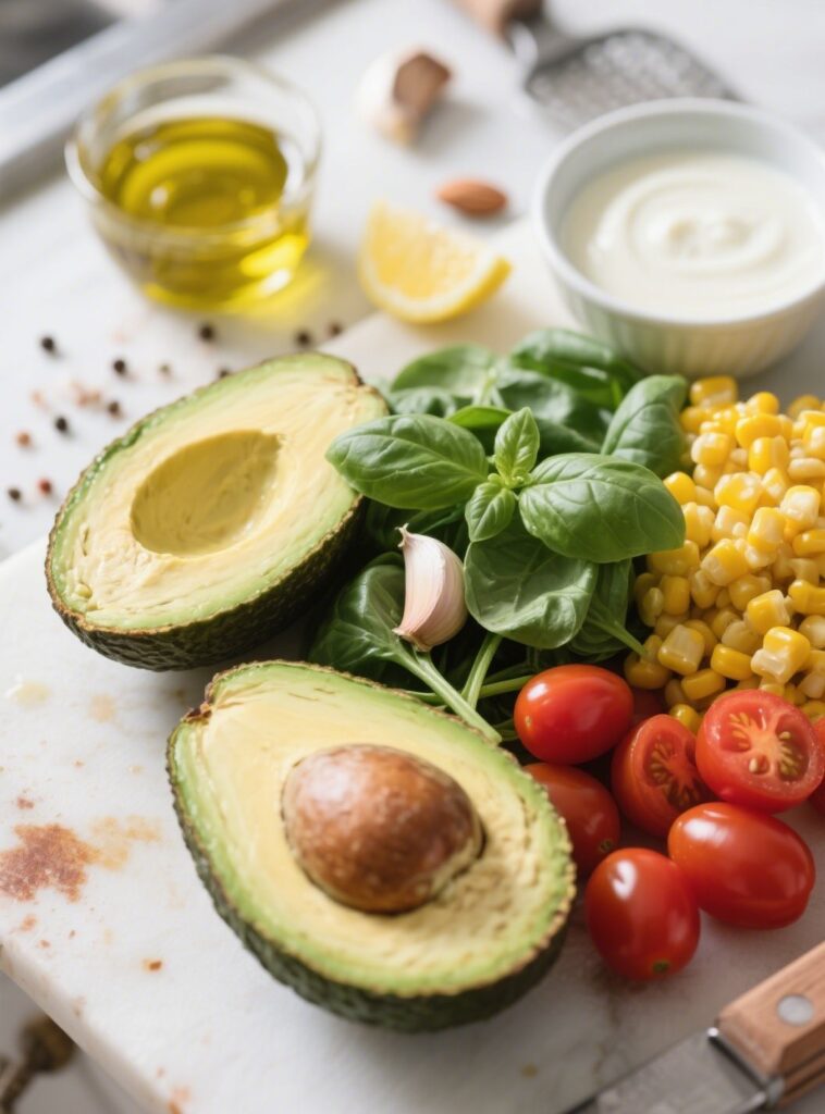 ingredients for creamy avocado pasta salad
