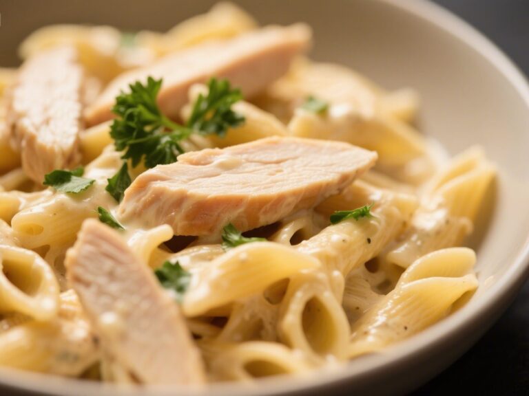 A bowl of creamy garlic chicken pasta garnished with parsley
