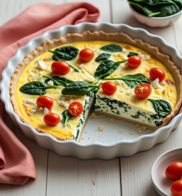 Gluten-free vegetarian quiche with spinach and feta, styled with Poppins font text for healthy lunch recipe