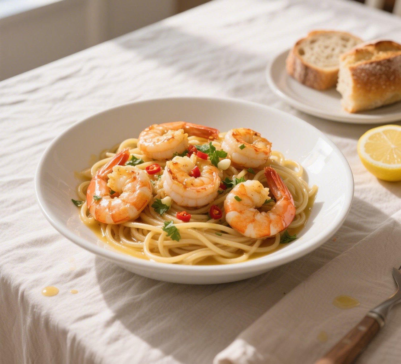 Bowl of shrimp scampi with spaghetti in garlic butter sauce, topped with parsley and served with crusty bread in a cozy home kitchen setting.