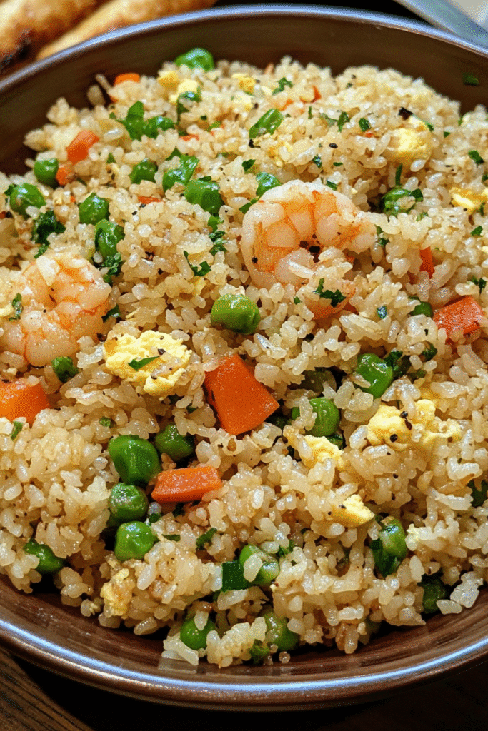 bowl of special fried rice with shrimp and eggs