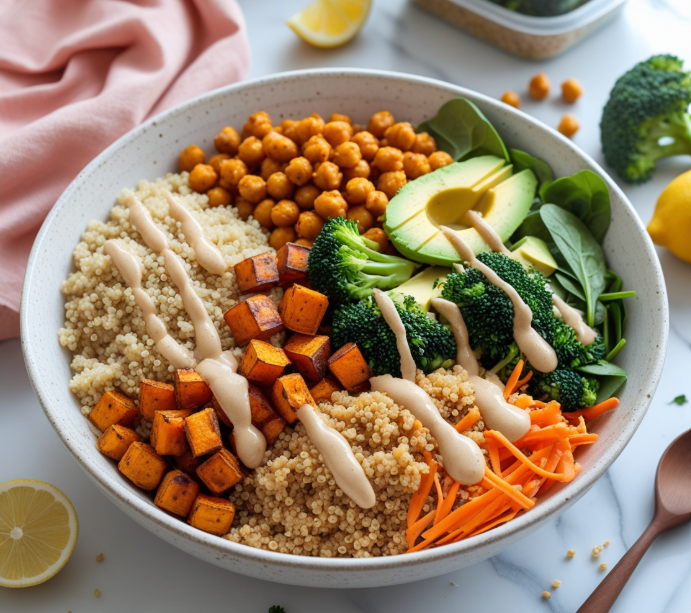 Vegetarian buddha bowl with quinoa, roasted chickpeas, and tahini dressing, styled with Poppins font text for healthy lunch recipe