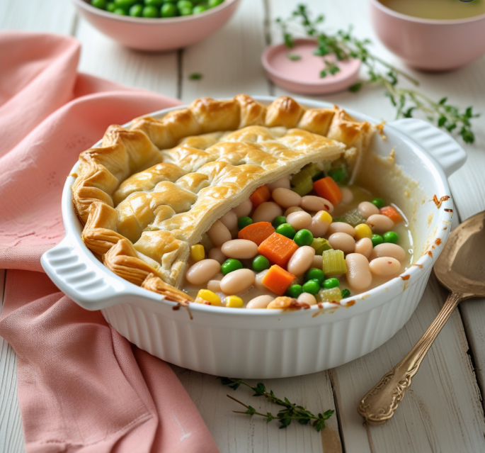 Easy weeknight vegetarian pot pie with puff pastry, styled with Poppins font text for healthy dinner recipe.