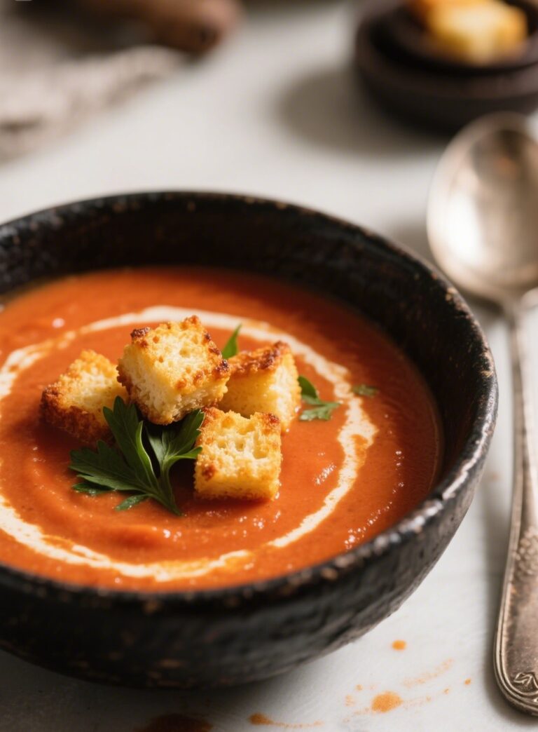 Creamy tomato soup with grilled cheese croutons in a black bowl