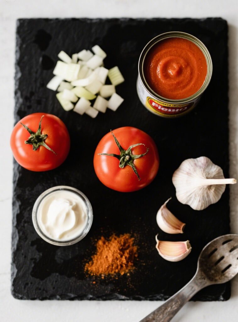 Ingredients for creamy tomato soup laid out flat