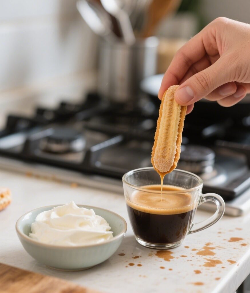 Assembling cherry amaretto tiramisu with ladyfingers and espresso