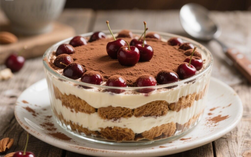 Cherry Amaretto Tiramisu in a glass dish with cocoa topping