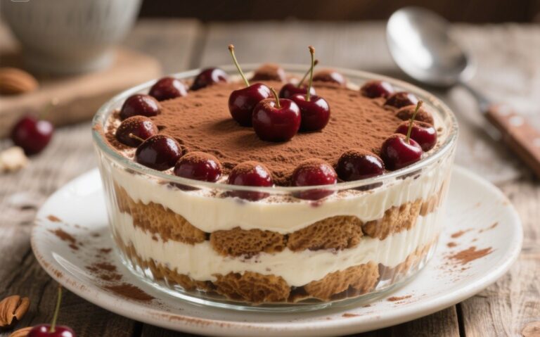 Cherry Amaretto Tiramisu in a glass dish with cocoa topping