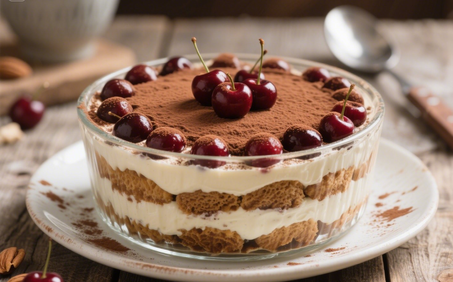 Cherry Amaretto Tiramisu in a glass dish with cocoa topping