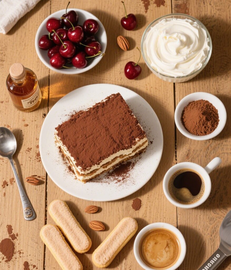 Ingredients for cherry amaretto tiramisu laid out on kitchen counter