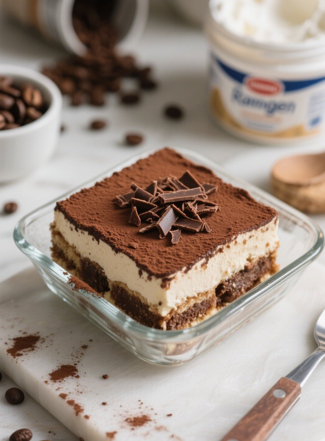 Rich and creamy chocolate tiramisu topped with cocoa powder