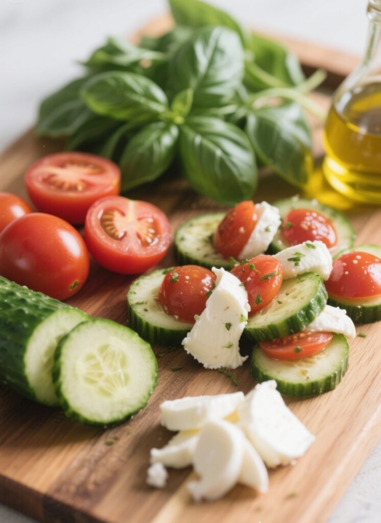 fresh ingredients for cucumber caprese salad