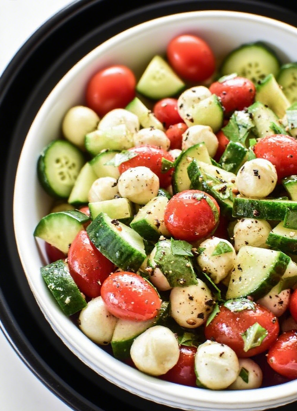 fresh cucumber caprese salad with mozzarella and tomatoes