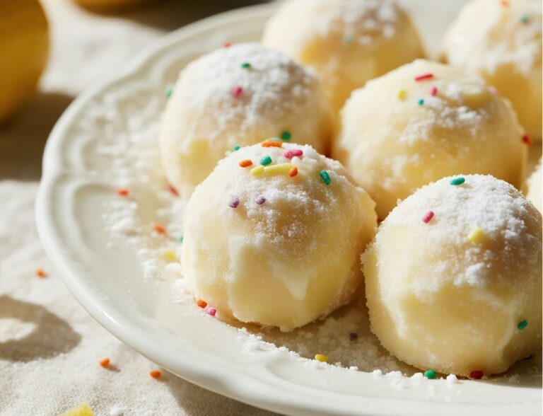 Homemade lemon truffles on a messy plate with a child’s hand