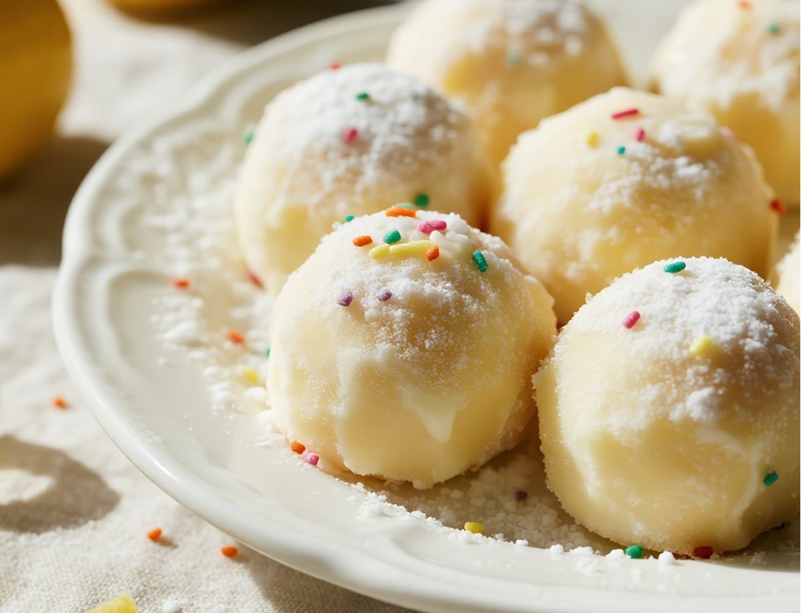 Homemade lemon truffles on a messy plate with a child’s hand