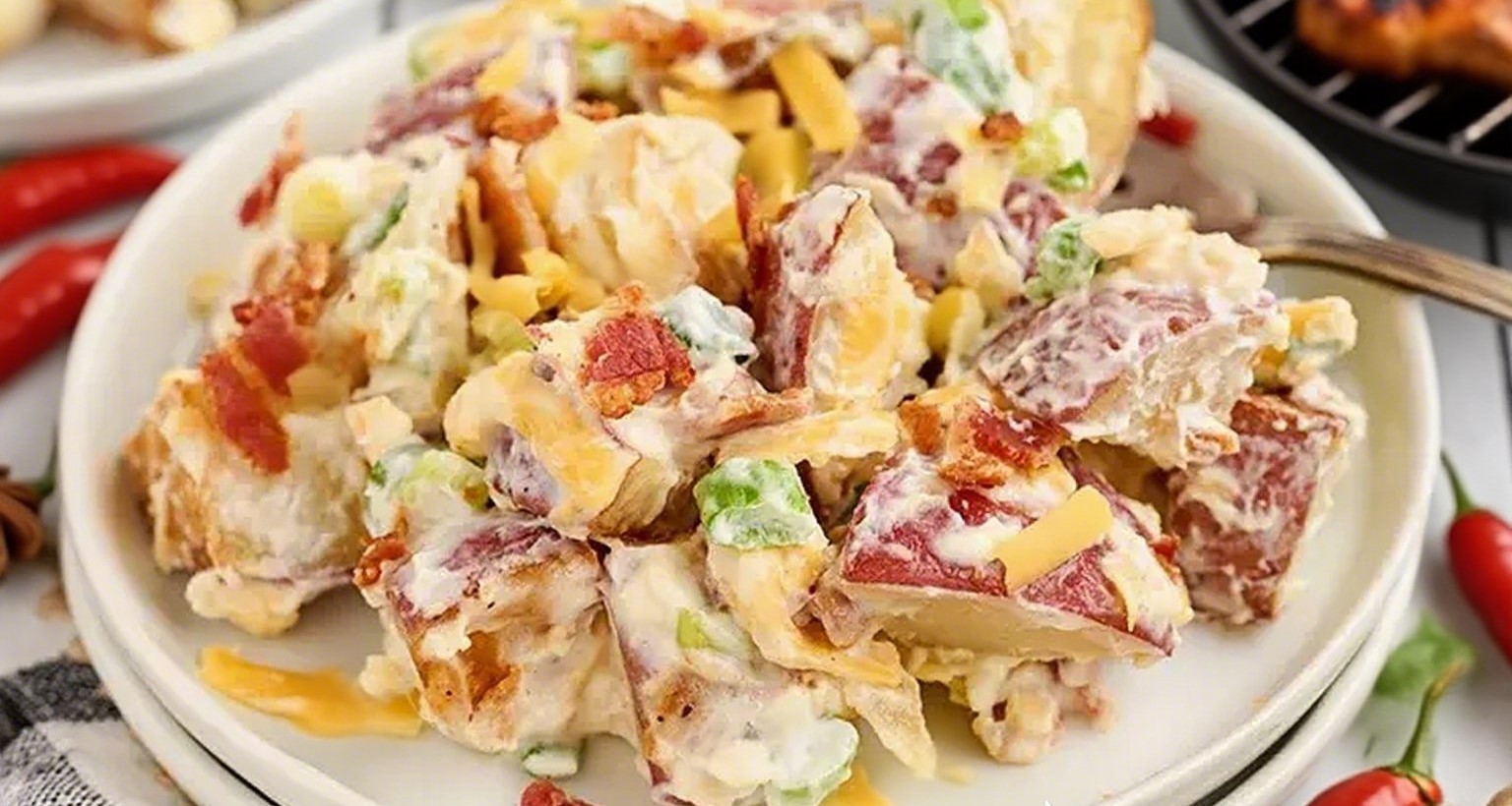 Loaded potato salad in ceramic bowl with steak and cheddar