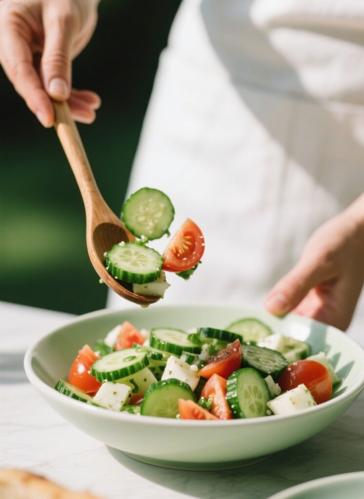 mixing cucumber caprese salad in bowl