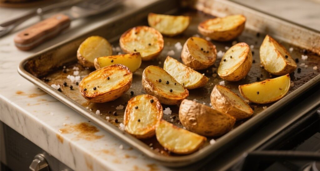Roasted potatoes with golden crisp edges for salad